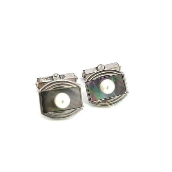 Mikimoto Estate Akoya + Mother of Pearl Cufflinks 5.2 mm Sterling Silver M381 - Picture 4 of 6